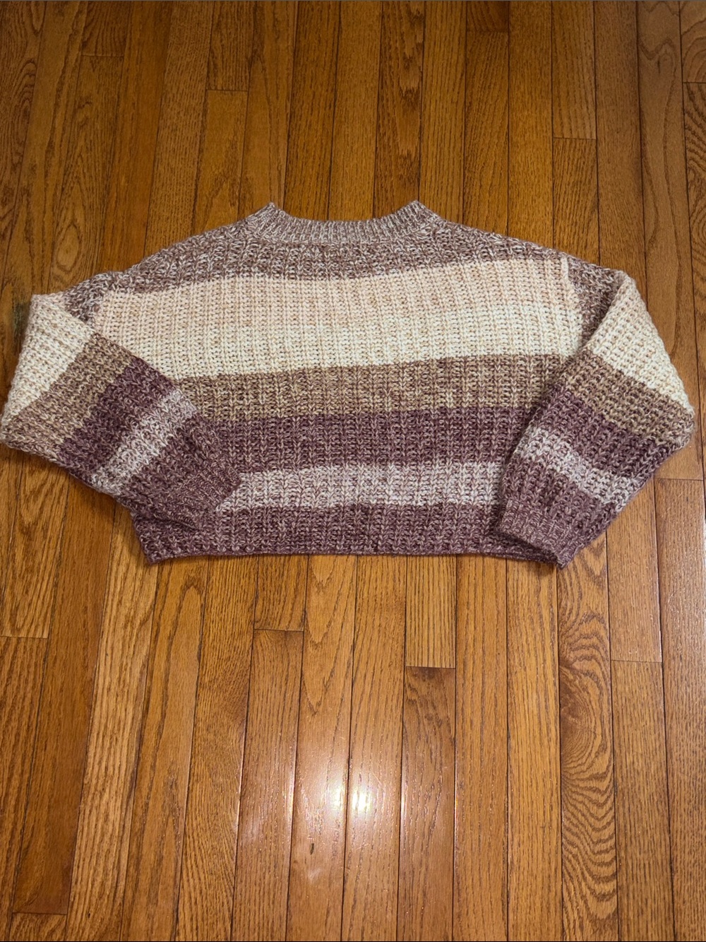 Striped Cropped Crewneck Sweater in Cream and Mauve - Picture 3 of 3
